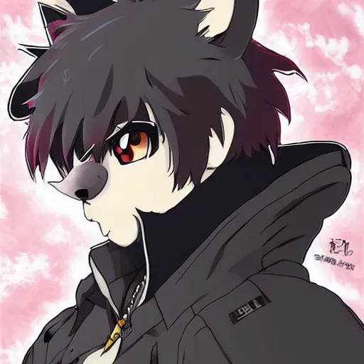 Image similar to key anime visual portrait of an anthropomorphic anthro wolf fursona, in a jacket, with handsome eyes, official modern anime art