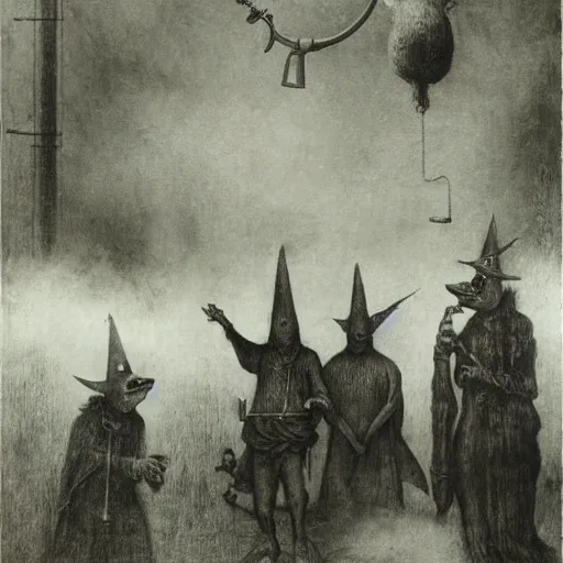 Image similar to a photo of plague doctors with rube goldberg machines in the fog by joel peter witkin, heironymus bosch, gustave dore, beksinski