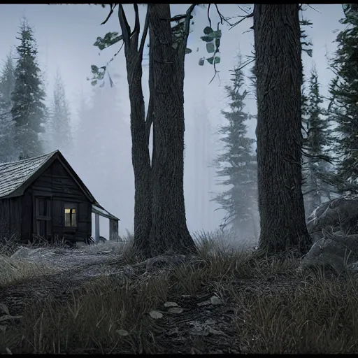 Image similar to hyper realistic werewolf hidden in the dark. higly detailed. background is a deep dark cabin in the woods. unreal engine 5