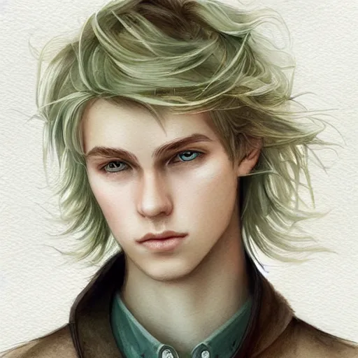 Prompt: teen boy, middle length hair, blonde hair, green eyes, gorgeous, amazing, delicate, elegant, intricate, highly detailed, watercolor, portrait, artstation, concept art, sharp focus, illustration, art by charlie bowater and Ross tran