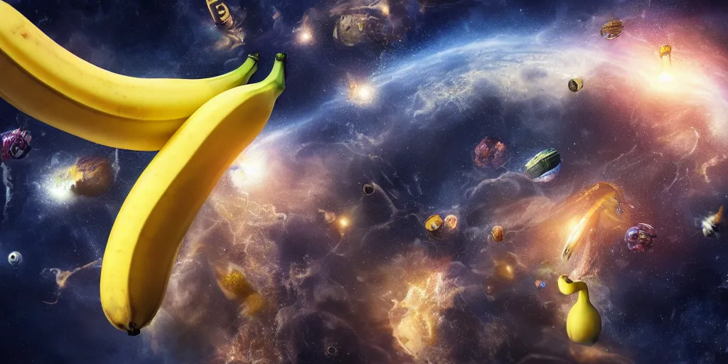 Image similar to giant banana falling through space and time, realistic 4 k octane beautifully detailed render, 4 k post - processing, highly detailed, intricate complexity, epic composition, magical atmosphere, cinematic lighting, masterpiece, ultra hd