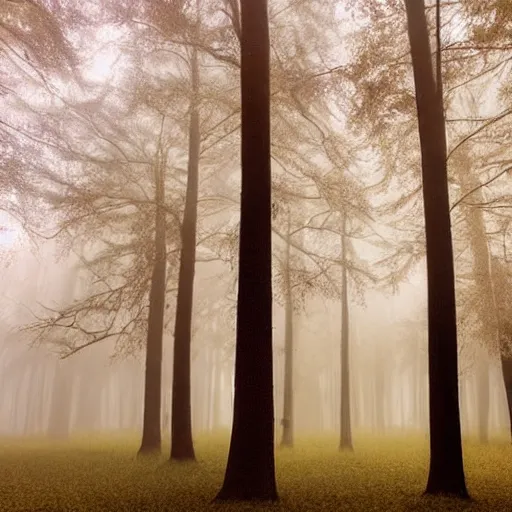 Prompt: old forest with glowing trees and glitter dust in cosmic color fog