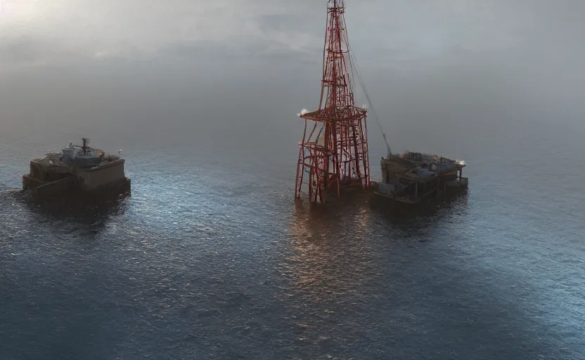 Image similar to old offshore oil rig, directed by charlie kaufman ( 2 0 0 1 ) anamorphic lenses, a rocky shore in the foreground, foggy volumetric light morning, a beam of light from the heavens, cinematic trending on artstation in the style of greg rutkowski