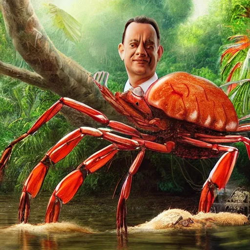 Image similar to Tom Hanks as forrest gump riding a giant shrimp in the jungle, realistic digital painting, photoreailstic, realistic face, amazing detail, sharp