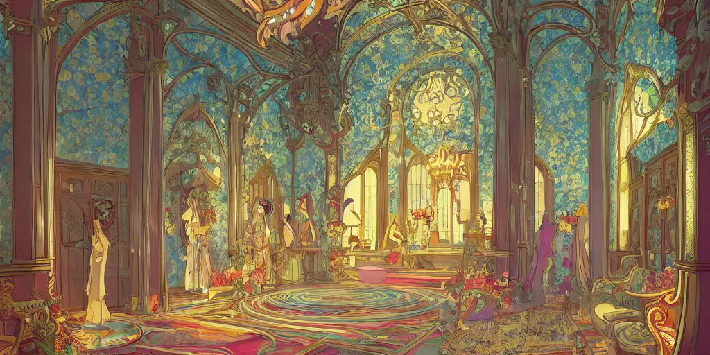 Image similar to an art nouveau decorated throne room in a palace, magical, bright, colorful, fantastic lighting, amazing details, 4 k uhd, illustration by hayao miyazaki and makoto shinkai and ilya kuvshinov, artstation, pixiv,