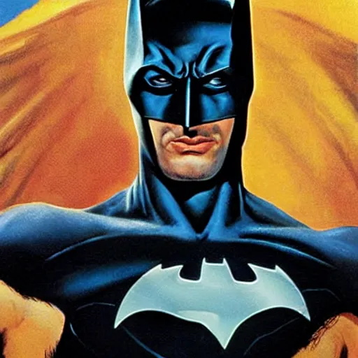 Image similar to young jeff goldblum as batman taking off mask, muscular, batman t shirt, film still, joe jusko, boris vallejo