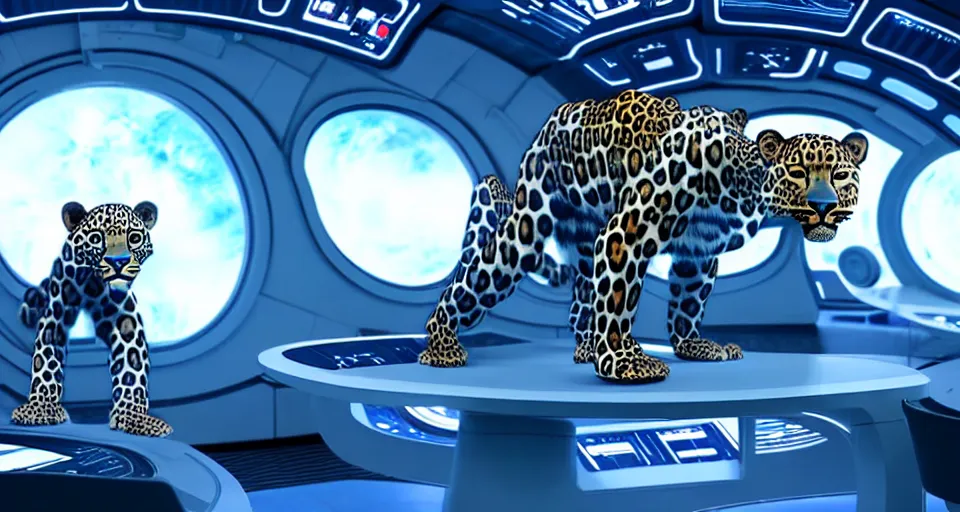 Image similar to A beautiful scene from a 2020 sci-fi film featuring a humanoid leopard wearing a white and blue uniform in a starship bridge. An anthropomorphic leopard in a futuristic uniform.