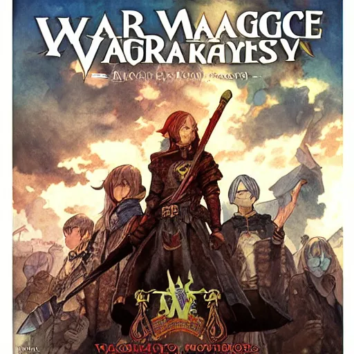 Prompt: Warkly the visions of an old mage, medieval fantasy game poster printed on playstation 2 video game box , Artwork by Akihiko Yoshida, cinematic composition