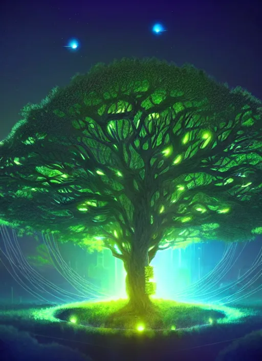 Image similar to high depth, collective civilization tree, calm, healing, resting, life, hybrids, scifi, glowing lights, published concept art, art in the style of all and none and everything and infinity