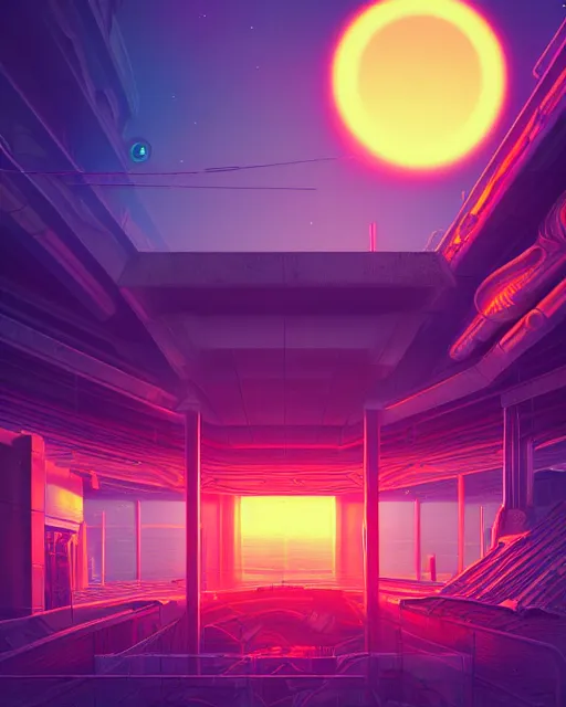 Prompt: unfinished building by mike winkelmann, atlantis sci - fi steampunk neon noir cosmic assassin's creed sunset landscape uv light scumm bar retro at night morning sun sea poppy tundra futuristic nightsky neon signs fantasy cloudy, archdaily, wallpaper, highly detailed, trending on artstation.