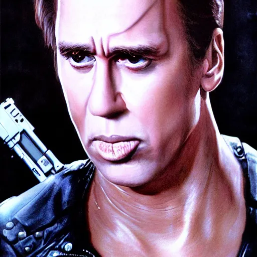 Image similar to nickolas cage as the terminator, ultra realistic, highly detailed