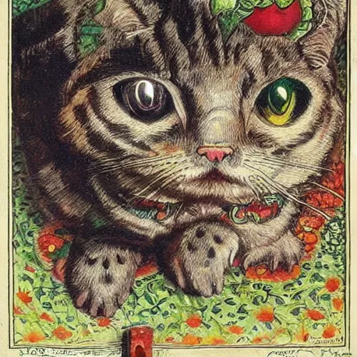 Image similar to a cat mind - controlling a mouse, louis wain, fantasy art