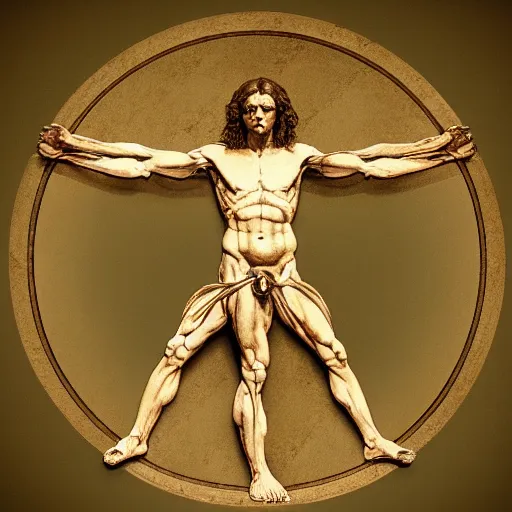 Prompt: Da Vinci's Vitruvian Man as a marble sculpture by Michelangelo, 4k, hyperrealistic, detailed, accurate anatomy, octane render, studio lighting