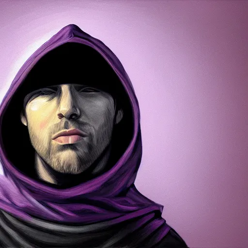 Image similar to ultra realistic illustration, man in a black hood, in a striped purple balaclava, mysterious, highly detailed, digital painting, artstation, concept art, smooth, sharp focus, illustration