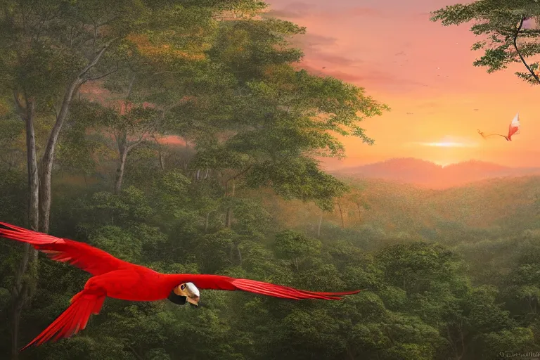 Prompt: gorgeous scarlet macaws flying at beautiful sunset in the distance through the forest, jungle mountains in the background, highly detailed, trending on art station, very detailed birds, art by greg rutkowksi