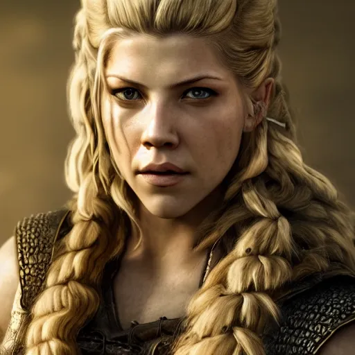 Prompt: portrait art of katheryn winnick, lagertha, vikings, 8 k ultra realistic, lens flare, atmosphere, glow, detailed, intricate, full of colour, cinematic lighting, trending on artstation, 4 k, hyperrealistic, focused, extreme details, unreal engine 5, cinematic, masterpiece