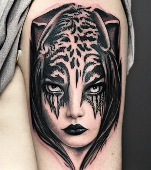 Image similar to tattoo design of a beautiful girl warrior, above the girl there is a tiger head, hyper realistic, realism tattoo, by eliot kohek, beautiful eyes, realistic face, black and white, white background