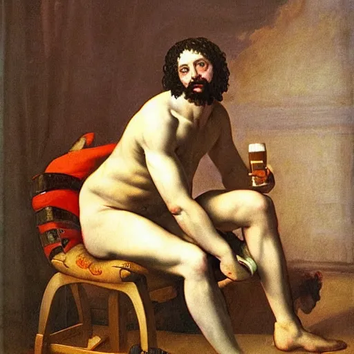 Prompt: renaissance painting of greek god eros who is a clown, has hurt his knee, sitting in a chair and is watching the game on tv, beer in hand