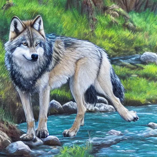 Prompt: A majestic and beautiful wild wolf out by a river with its head down taking a drink from the stream while it's ears are up and alert listening for danger with trees behind it, set in warm spring where it is sunny and windy, award winning, oil painting, 8k