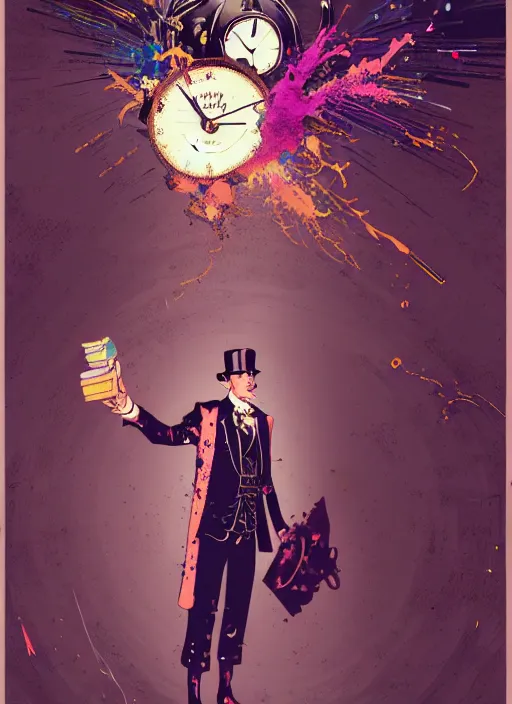 Image similar to arrogant elegant man travels through time via steampunk portals, pixiv fanbox, dramatic lighting, maximalist pastel color palette, splatter paint, pixar and disney exploded - view drawing, graphic novel by fiona staples and dustin nguyen, peter elson, alan bean, wangechi mutu, clean cel shaded vector art, trending on artstation