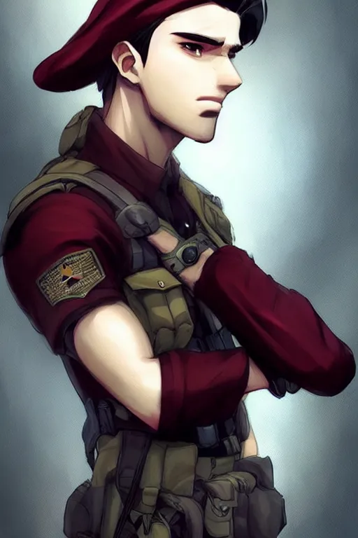 Image similar to beautiful portrait commission military clothes maroon beret. Atmospheric. Character design by charlie bowater, ross tran, artgerm, and makoto shinkai, detailed, inked, western comic book art. male anthro!!! fruit bat