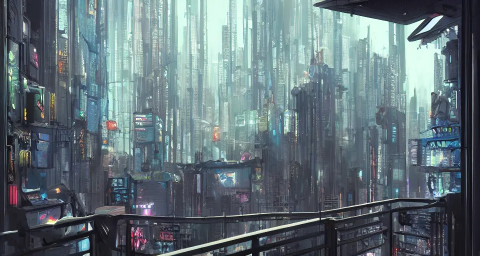 Image similar to epic digital matte paining of a cyberpunk balcony by Jama Jurabaev and Denis Villeneuve, extremely detailed, artstation