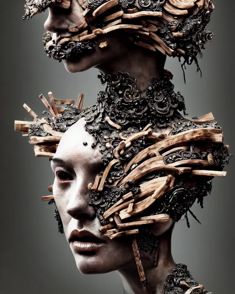 Image similar to sculpture made of smoke and wood, portrait, female, future, shaman, harper's bazaar, vogue, magazine, insanely detailed and intricate, concept art, close up, wet, ornate, luxury, elite, elegant, trending on artstation, by ruan jia, by kenneth willardt, by ross tran, by wlop, by andrei riabovitchev