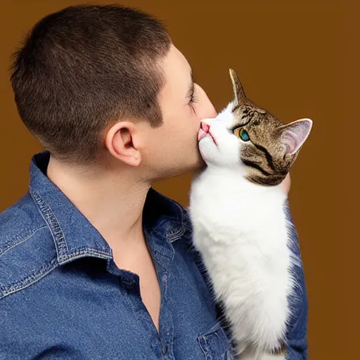 Prompt: man kissing cat sweetly