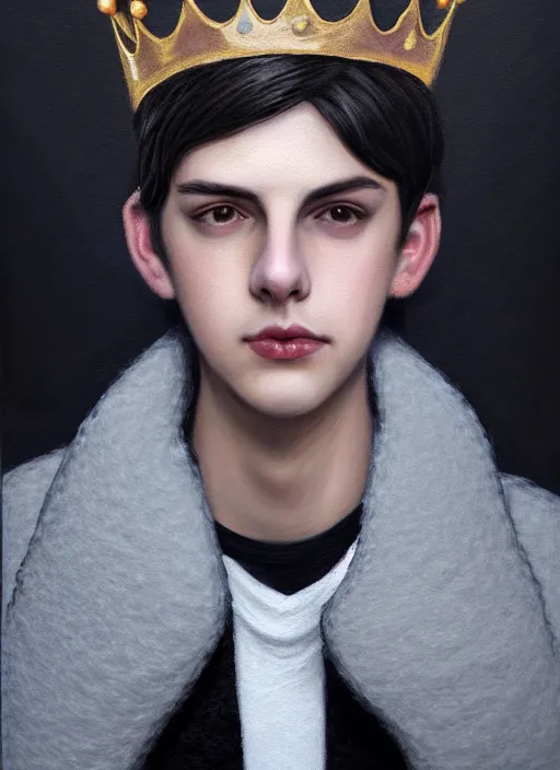 Image similar to portrait of teenage jughead jones wearing a light grey crown, photorealistic, crown made of fabric, crown made of felt, black hair, intricate, elegant, highly detailed, digital painting, glowing lights, artstation, concept art, smooth, sharp focus, illustration, art by wlop, mars ravelo and greg rutkowski