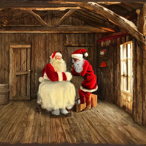 Image similar to Santa inside a rustic barn, in the style of Carl larsson