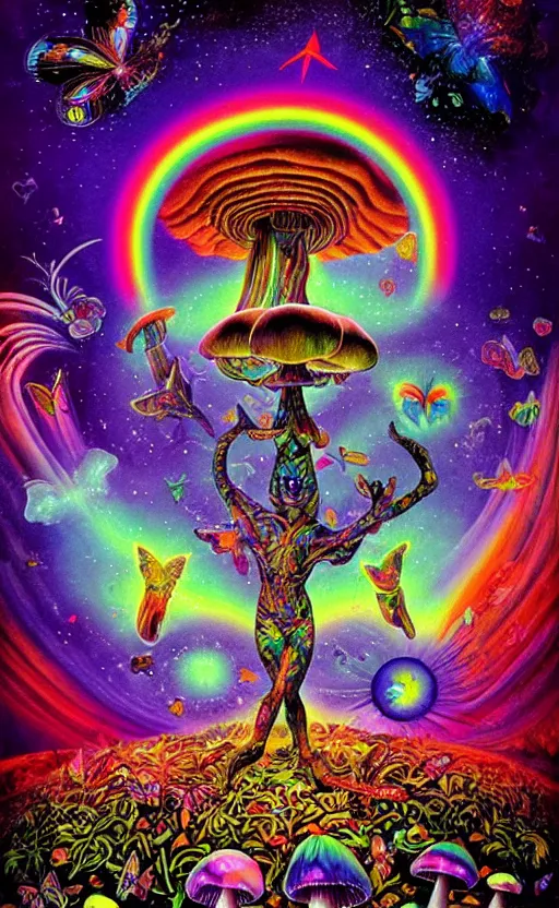 Prompt: psychedelic mushrooms, enchanted alien world, mushrooms on the ground, aliens, galaxy in the sky, butterflies, occult, illuminati, third eye, rainbows, bright colors, psychedelic, vector art, fantasy poster by helen huang and frank frazetta and salvador dali