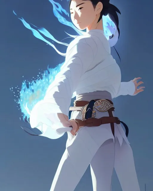 Image similar to azctec warrior, a south korean female, she wears a light blue jacket, white ponytail hair, detailed perfect face, exquisite details, fire magic, mid view, design on a white background, by studio muti, greg rutkowski makoto shinkai takashi takeuch studio ghibli