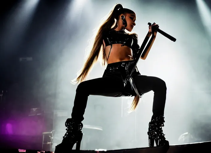 Image similar to ariana grande as a heavy metal guitarist in a band with heavy makeup, shredding on a guitar, live in concert, award winning photo, 8 k, moody lighting