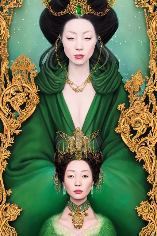 Image similar to a beautiful empress portrait, with a brilliant, impossible striking shiny big emerald headpiece, emerald robes, Alice in wonderland, rococo, baroque, jewels, asian, realistic, closeup, D&D, fantasy, intricate, elegant, highly detailed, digital painting, symmetrical, artstation, octane render, 8k, concept art, matte, sharp focus, illustration, art by Artgerm and Greg Rutkowski and Alphonse Mucha
