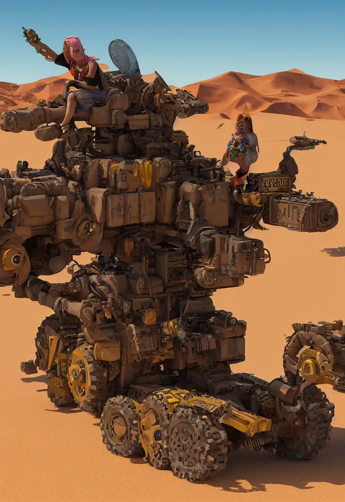 Image similar to Lisa Simpson riding Fury Road War Rig vehicle through the desert, borderlands 4k render