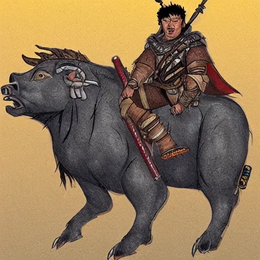 Image similar to mongolian dnd barbarian riding a boar with a lightsaber