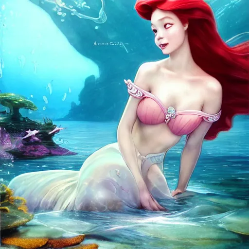 Prompt: a lovely and charming young princess ariel under the tropical sea, by artgerm, shell-earing pink-silky-dress seastar-wreath,princess ariel from the little mermaid by Ruan Jia+Ross Tran+John William Waterhouse, smile, intricate complexity, heroine, rule of thirds,goddess,8k resolution ,attractive, symmetrical portrait, ,beautifully and high detailed ocean landscape by Thomas Kinkade+Ted Nasmith ,find nemo dory ,trending on pixiv and artstation,charming green eyes,luxury,shiny,2,medium shot,Soft illumination,dreamy atmosphere,Unreal Engine 5 + Octane