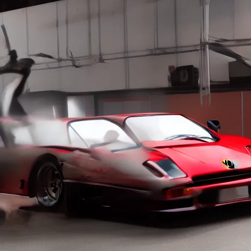 Prompt: wide shot of ferrari f 4 0 under studio lights