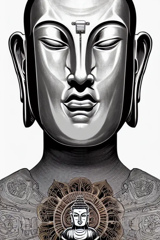 Prompt: a study of cell shaded illustration of a cyborg robot perpetual face buddha inside of a lotus flower , golden ratio, character concept art by character concept art by Shepard Fairey, james jean, Mike Mignola, Laurie Greasley, highly detailed, sharp focus, sharp linework, clean strokes, motherboard, Artstation, deviantart, artgem