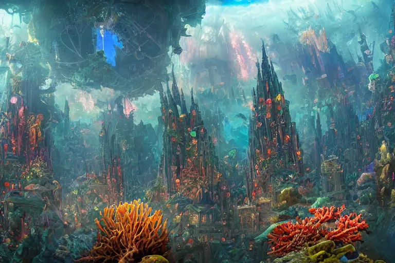 Prompt: an epic landscape view of a vast coral reef underwater metropolis, with glowing windows, towers, spires, parapets, balconies, bridges, glass, crystal, with sea creatures, painted by tyler edlin, colorful, close - up, low angle, wide angle, atmospheric, volumetric lighting, cinematic concept art, very realistic, highly detailed digital art