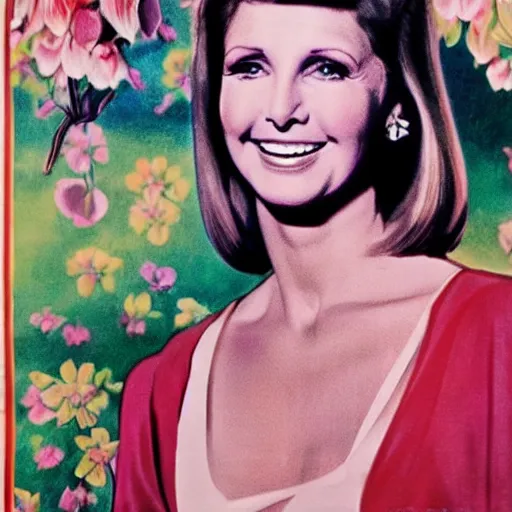 Prompt: beautiful portrait of Olivia Newton-John on a poster for a 1970's movie, colored, highly detailed