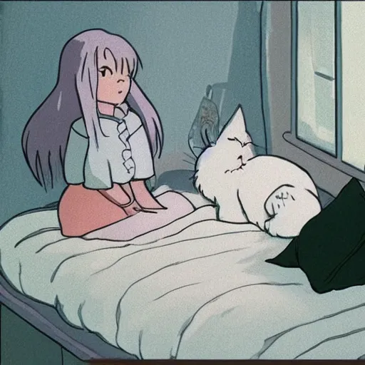 Image similar to a white ragdoll cat lies on the bed in the girl's bedroom, warm atmosphere, by studio ghibli