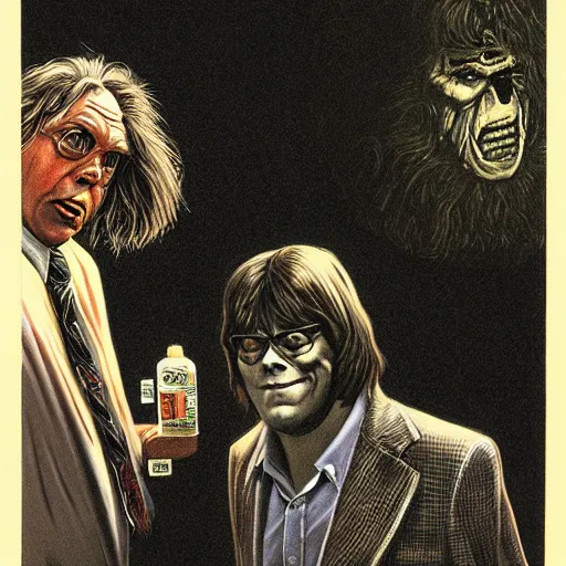 Prompt: Stephen King as Jordy Verrill from Creepshow (1982) illustrated by Les Edwards