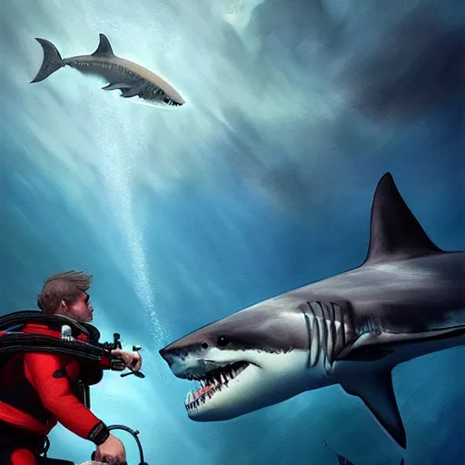 Prompt: a dream fantasy painting of ( white shark with blood teeth ) hunting a scuba diver, in the deep, trending on artstation, deviantart, matte painting by greg rutkowski, holly bruce, jon kuo