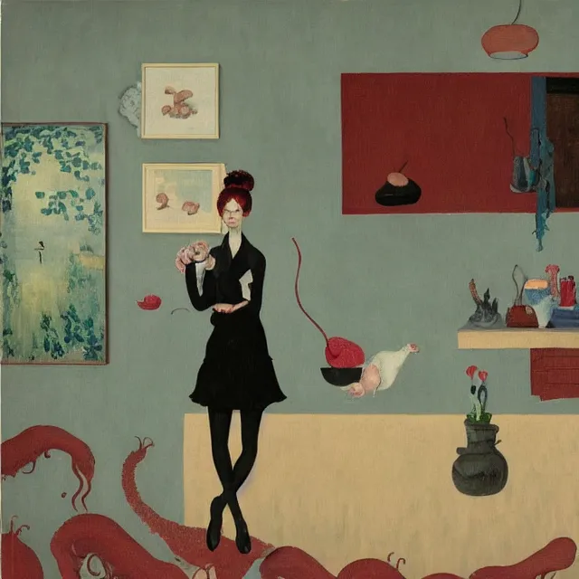 Image similar to tall female emo artist holding a pig in a flooded cafe, octopus, water gushing from ceiling, painting of flood waters inside a cafe, a river flooding indoors, pomegranates, pigs, ikebana, water, octopus, river, rapids, waterfall, black swans, canoe, berries, acrylic on canvas, surrealist, by magritte and monet