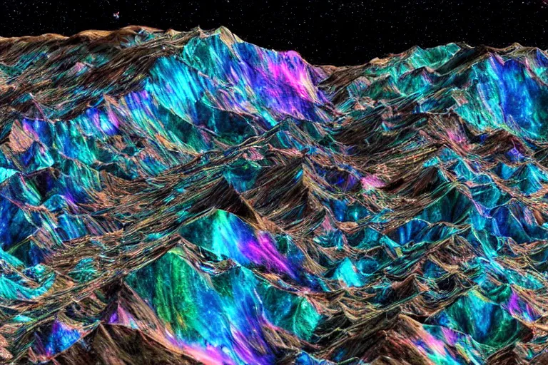 Image similar to beautiful landscape from outer space made of bismuth