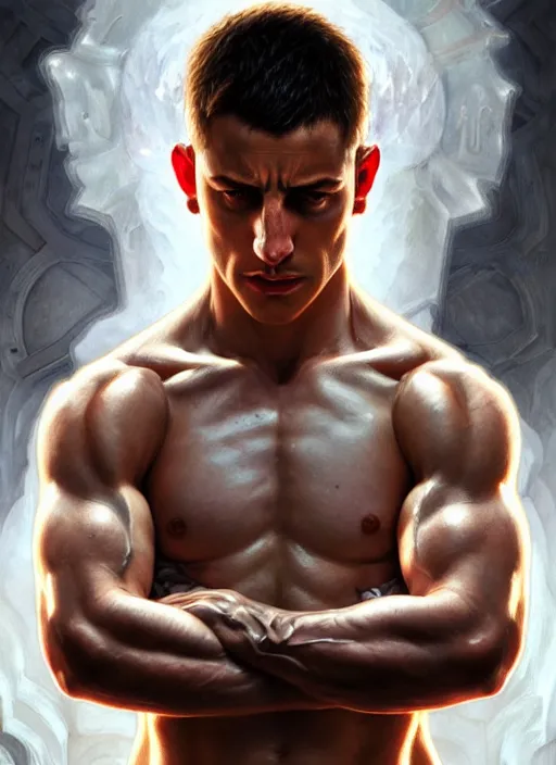 Image similar to portrait of aggressive eden hazard, d & d, muscular! white, fire, fantasy, intricate, elegant, highly detailed, digital painting, artstation, concept art, smooth, sharp focus, illustration, art by artgerm and greg rutkowski and alphonse mucha