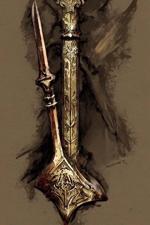 Image similar to a concept art of a great medieval axe with intricate design, concept art in style of Greg Rutkowski, painted by Frank Frazetta, John Singer Sargant