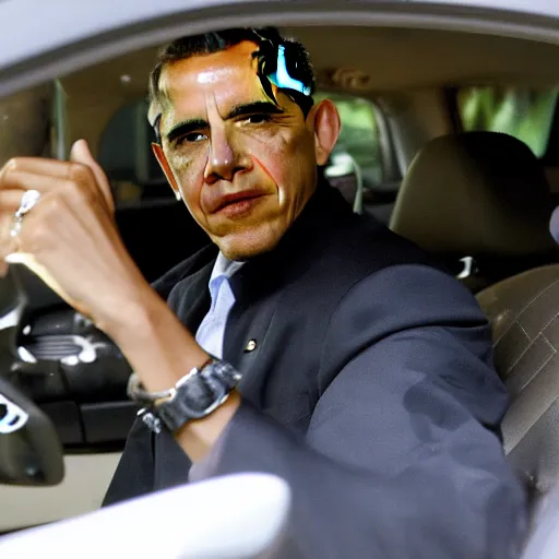 Image similar to barack obama featured on an episode of pimp my ride. he is sitting in the car with xzibit, photo