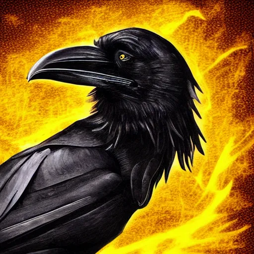 Image similar to anthropomorphic art of a raven wearing a layered yellow coat, holding a black flame, dark, moody, smooth, digital art, high detail, volumetric lighting.